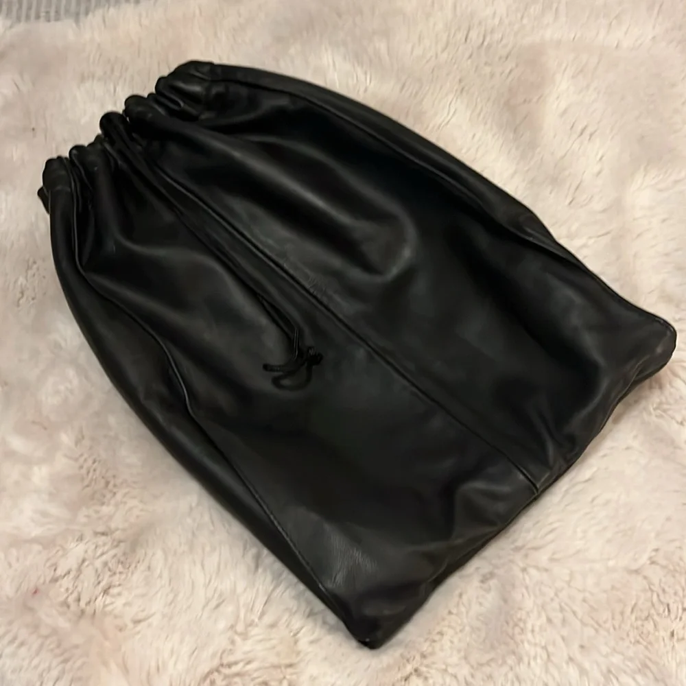 Black Leather Vintage Two Section Golf Shoe Storage Drawstring Travel Bag